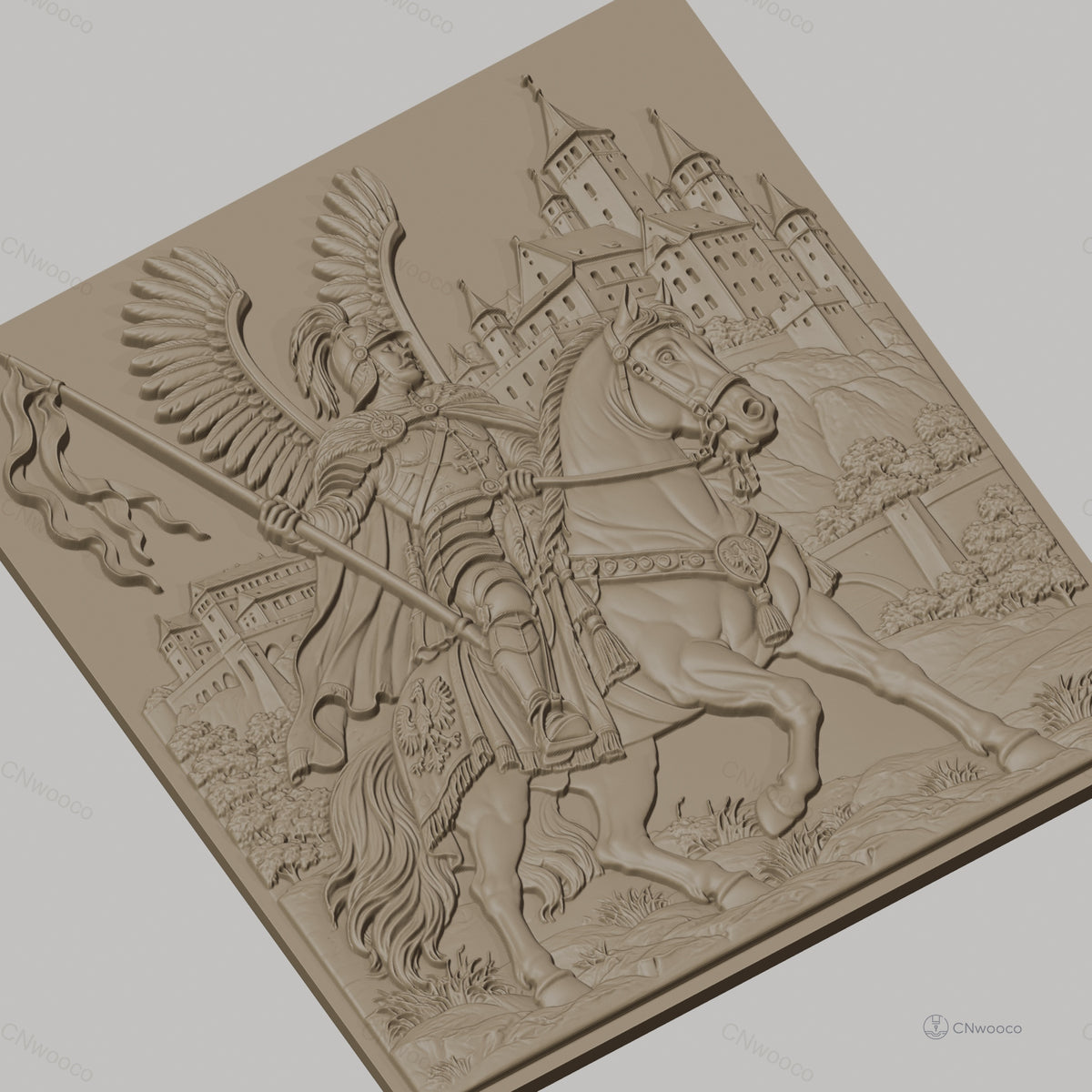 Fichier CNC & impression 3D Chevalier ailé à cheval avec château, drapeau et armure détaillée, haute qualité relief STL