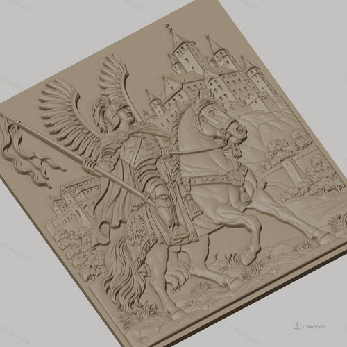 Fichier CNC & impression 3D Chevalier ailé à cheval avec château, drapeau et armure détaillée, haute qualité relief STL