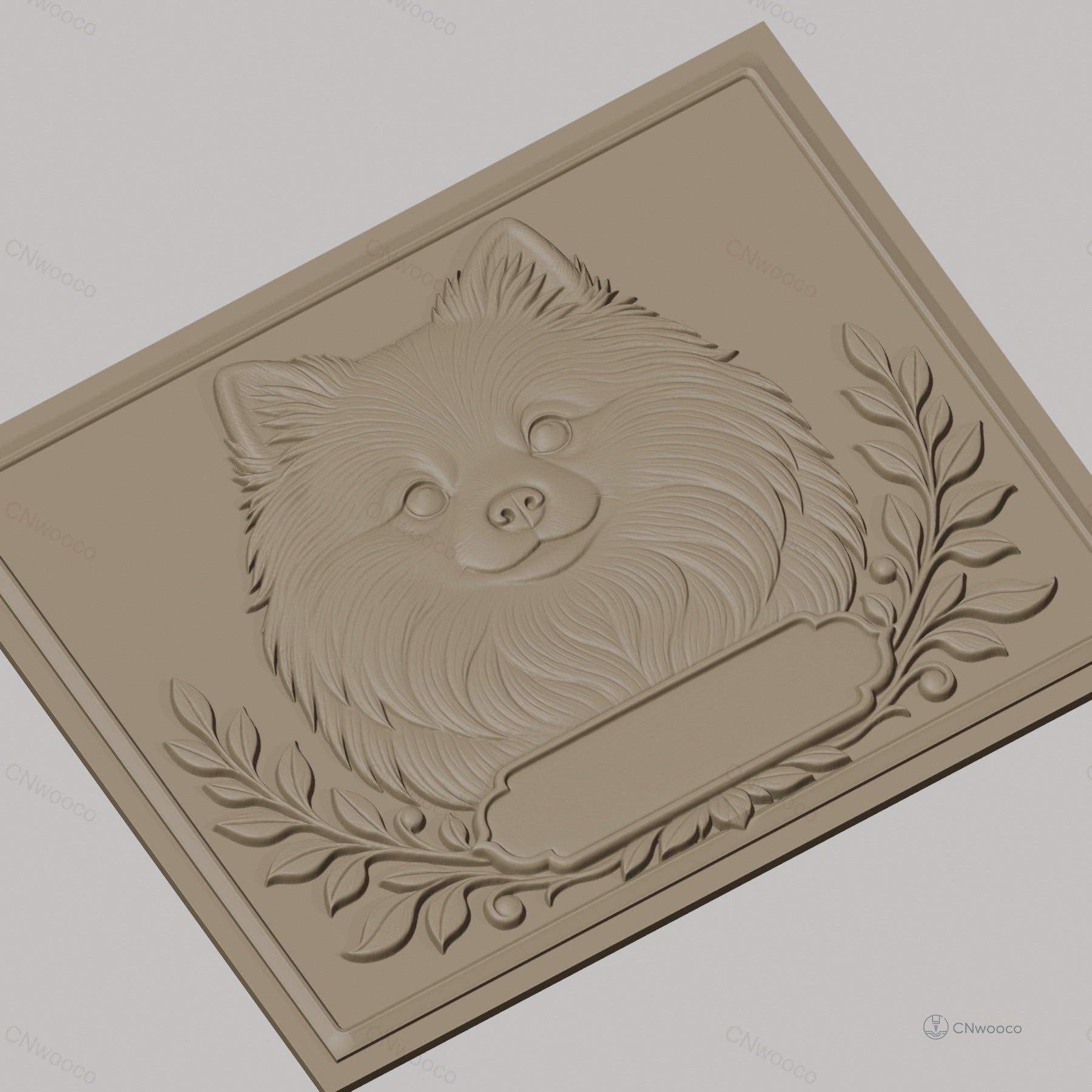 Fichier CNC & impression 3D portrait chien Pomeranian, cadre avec feuilles décoratives, haute qualité relief STL