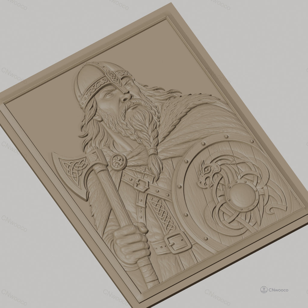 Fichier CNC & impression 3D guerrier viking, hache et bouclier avec motif dragon, haute qualité relief STL