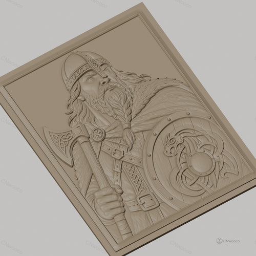 Fichier CNC & impression 3D guerrier viking, hache et bouclier avec motif dragon, haute qualité relief STL