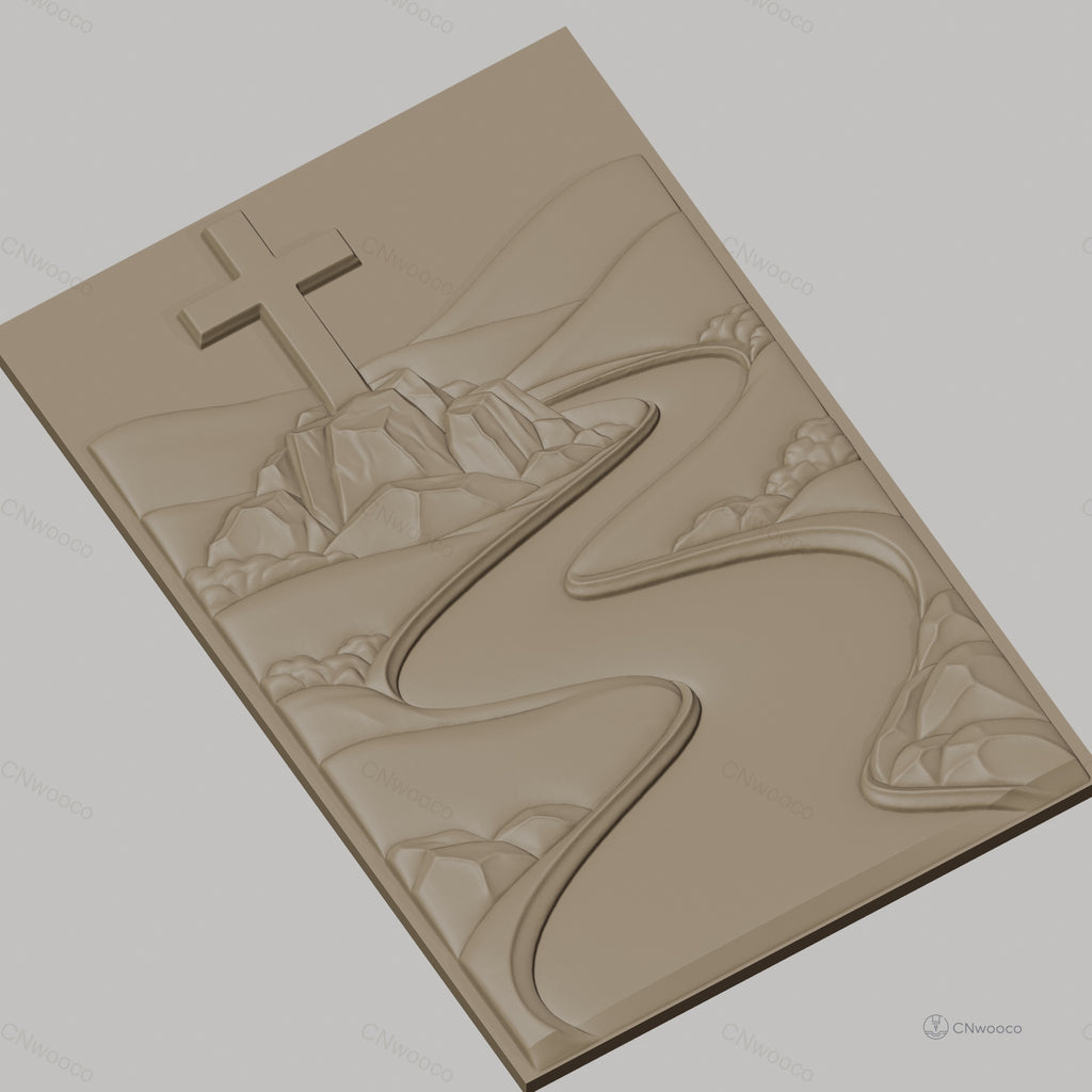Fichier CNC & impression 3D chemin de rivière et croix sur rocher, paysage montagneux, haute qualité relief STL