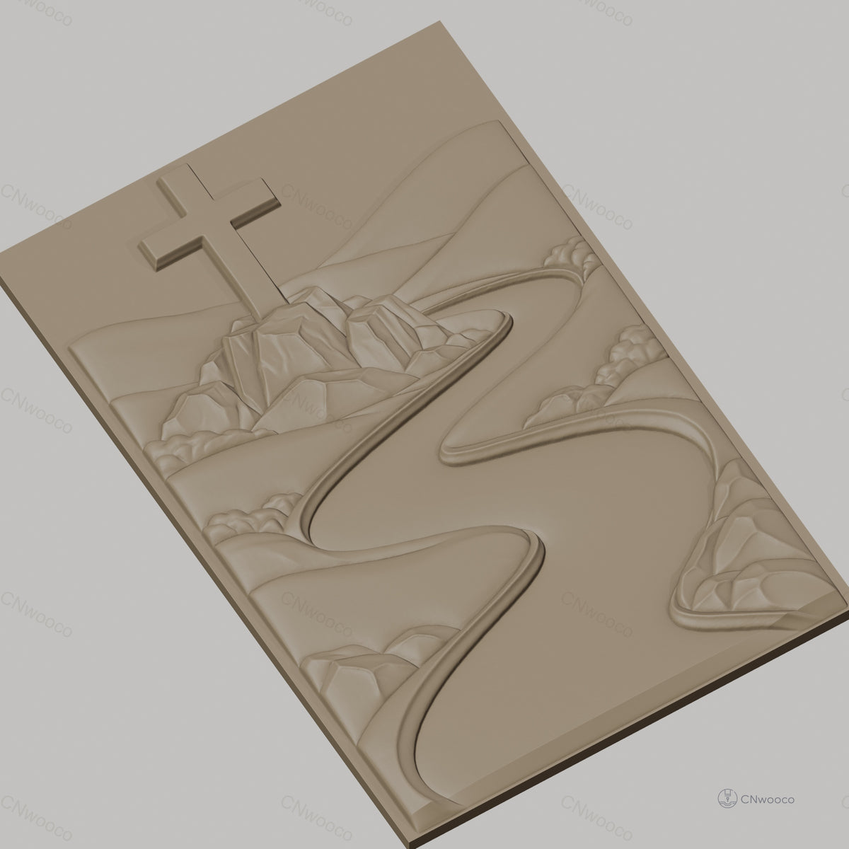 Fichier CNC & impression 3D chemin de rivière et croix sur rocher, paysage montagneux, haute qualité relief STL