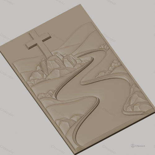 Fichier CNC & impression 3D chemin de rivière et croix sur rocher, paysage montagneux, haute qualité relief STL