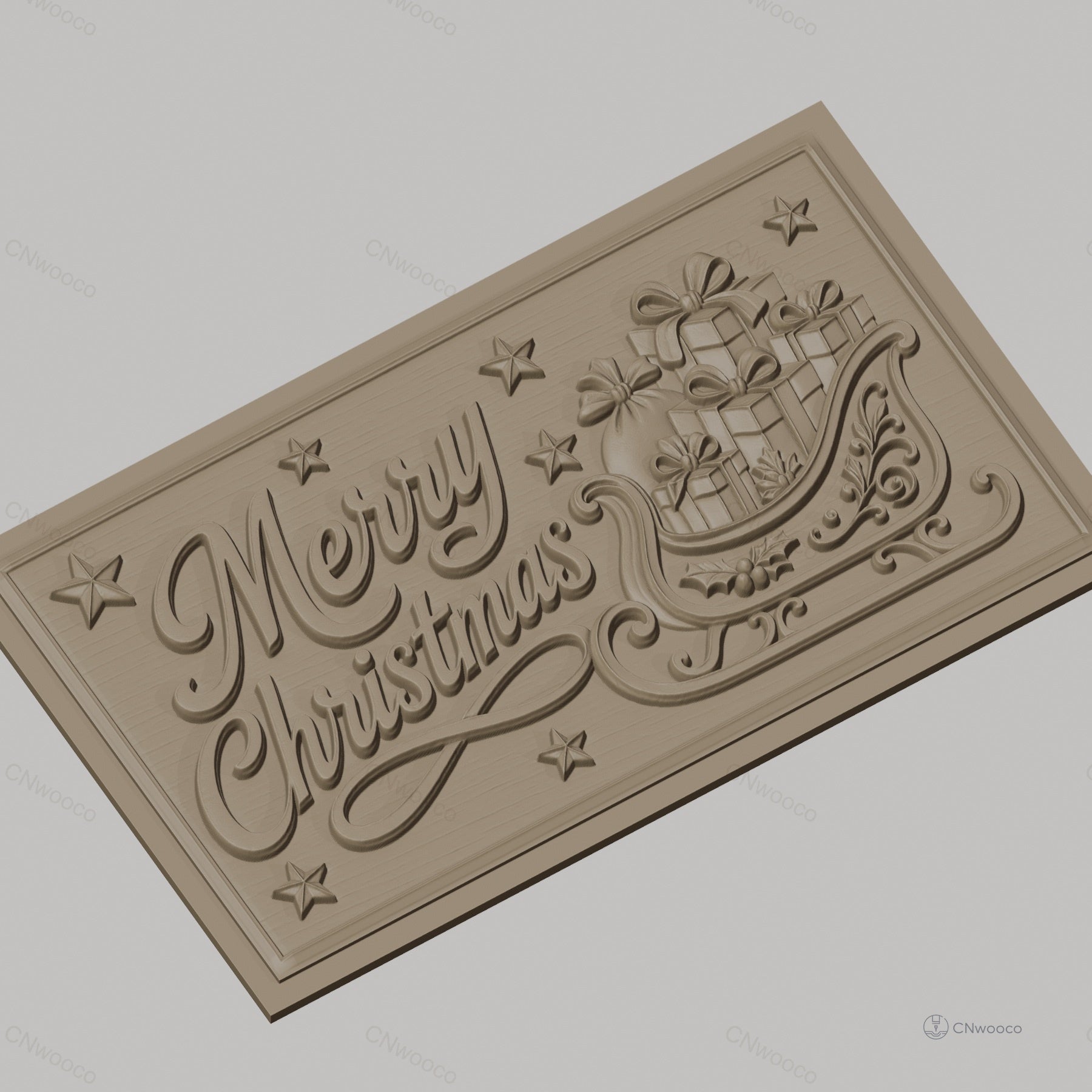 Fichier CNC & impression 3D Noël avec traîneau et cadeaux, étoiles décoratives, haute qualité relief STL