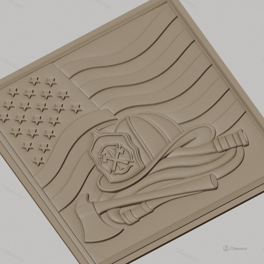 Fichier CNC & impression 3D drapeau américain, casque pompier, hache et tuyau, haute qualité relief STL