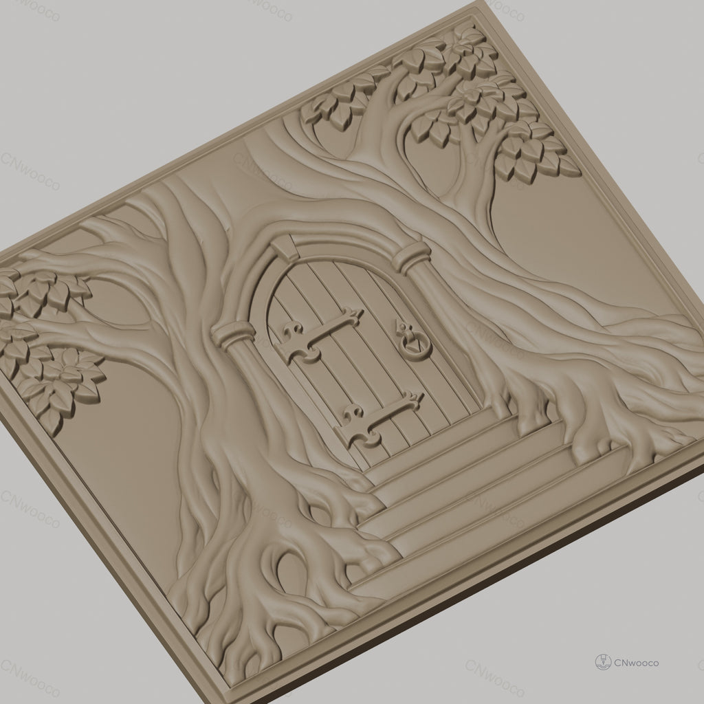 Fichier CNC & impression 3D porte dans arbre, racines et feuilles, haute qualité relief STL