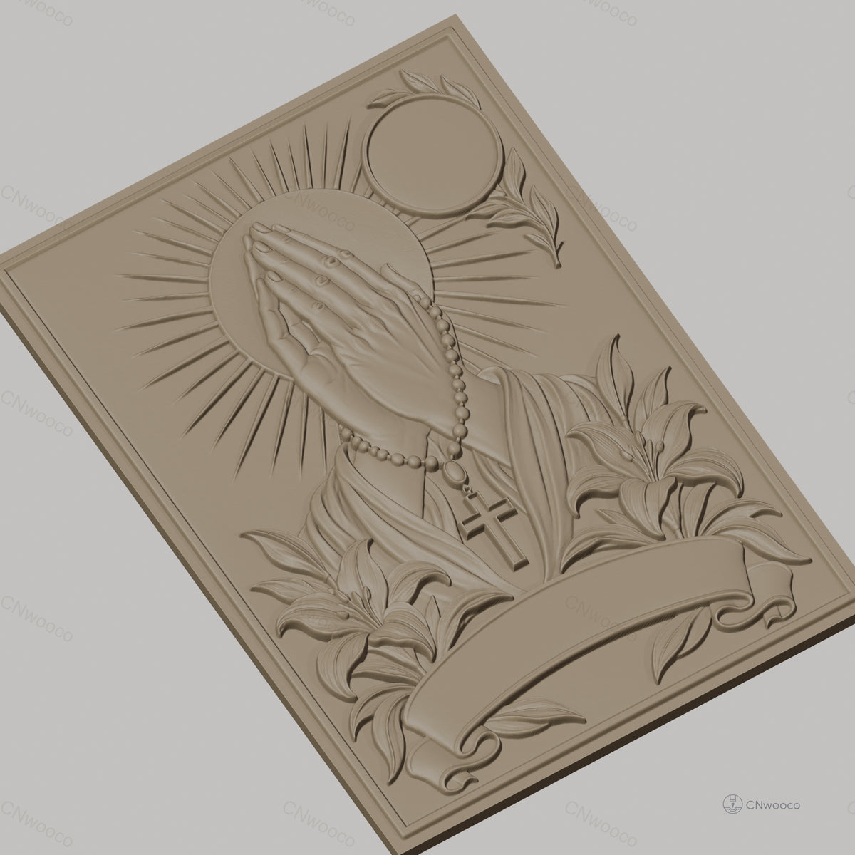 Fichier CNC & impression 3D mains en prière, chapelet, croix, lys et soleil, haute qualité relief STL