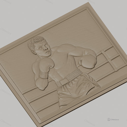 Fichier CNC & impression 3D boxeur en action, portrait et ring de boxe, haute qualité relief STL