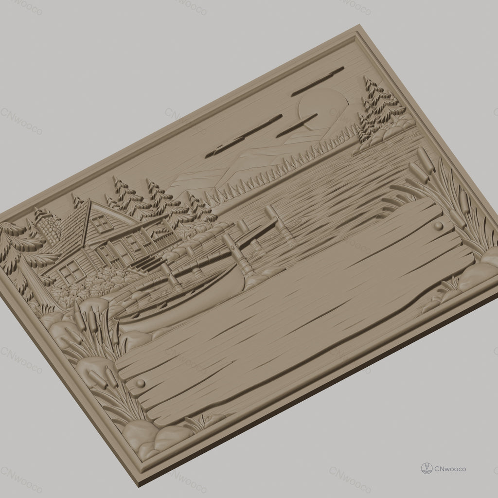 Fichier CNC & impression 3D cabane au bord du lac, bateau, ponton et paysage nature, haute qualité relief STL