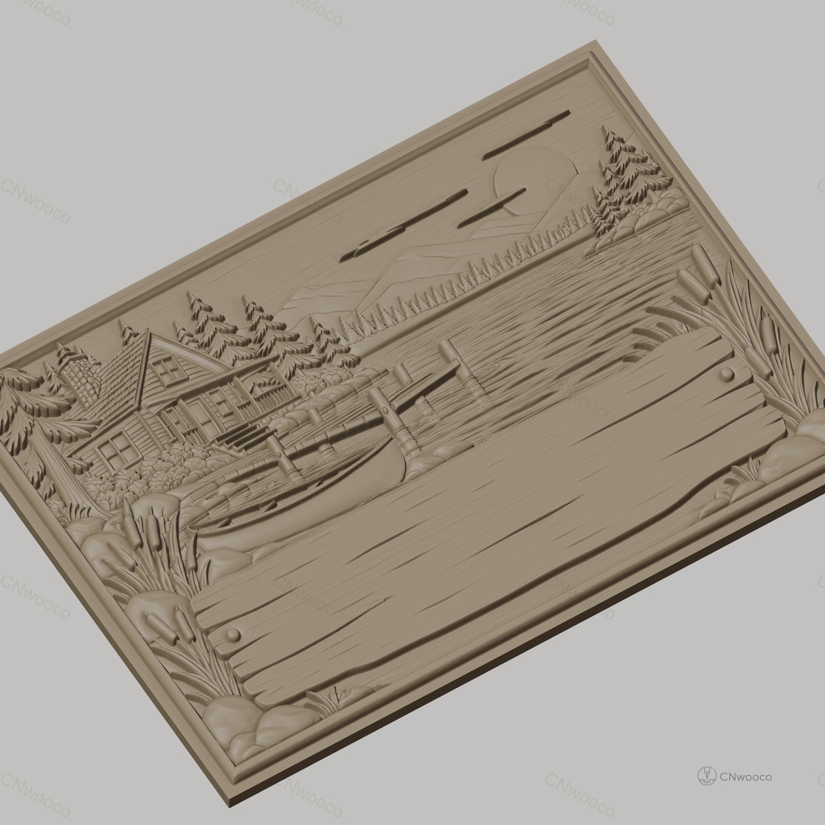 Fichier CNC & impression 3D cabane au bord du lac, bateau, ponton et paysage nature, haute qualité relief STL