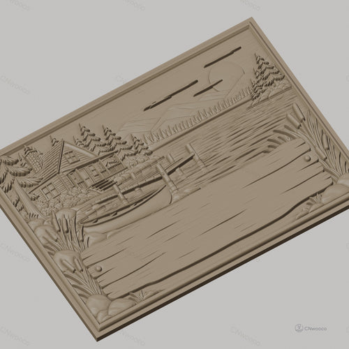Fichier CNC & impression 3D cabane au bord du lac, bateau, ponton et paysage nature, haute qualité relief STL