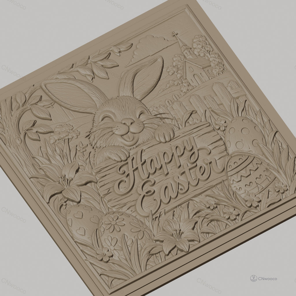 Fichier CNC & impression 3D lapin de Pâques, œufs décorés, fleurs et église en arrière-plan, haute qualité relief STL