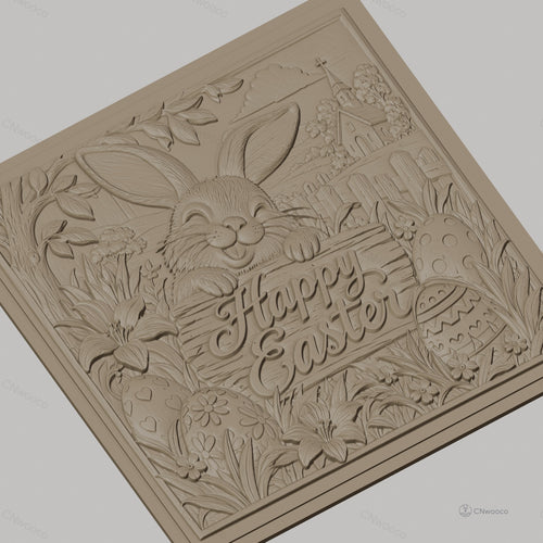Fichier CNC & impression 3D lapin de Pâques, œufs décorés, fleurs et église en arrière-plan, haute qualité relief STL