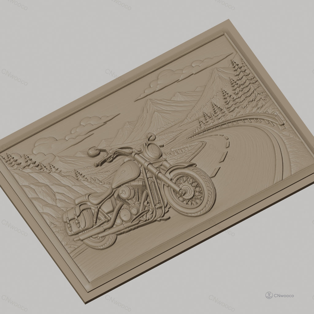 Fichier CNC & impression 3D moto vintage sur route de montagne, paysage naturel et pins, haute qualité relief STL