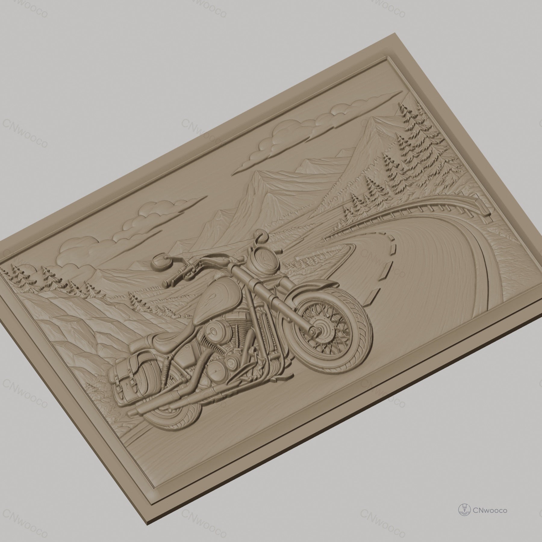 Fichier CNC & impression 3D moto vintage sur route de montagne, paysage naturel et pins, haute qualité relief STL