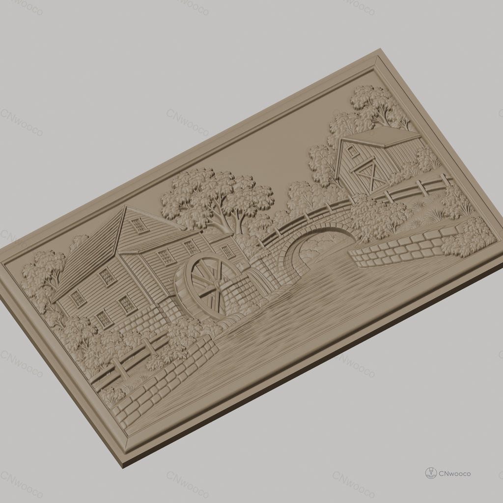Fichier CNC & impression 3D moulin à eau, pont en pierre et rivière, haute qualité relief STL