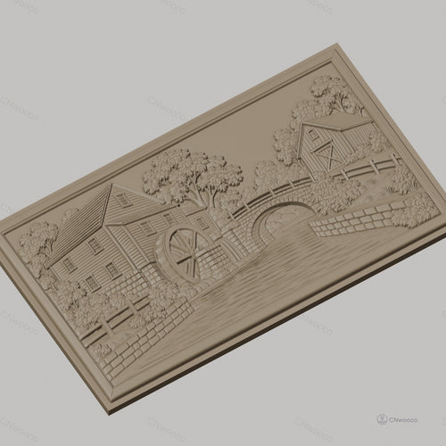 Fichier CNC & impression 3D moulin à eau, pont en pierre et rivière, haute qualité relief STL