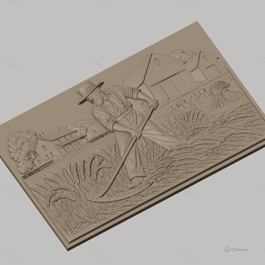 Fichier CNC & impression 3D moisson, fermier avec faux, grange et maison, haute qualité relief STL