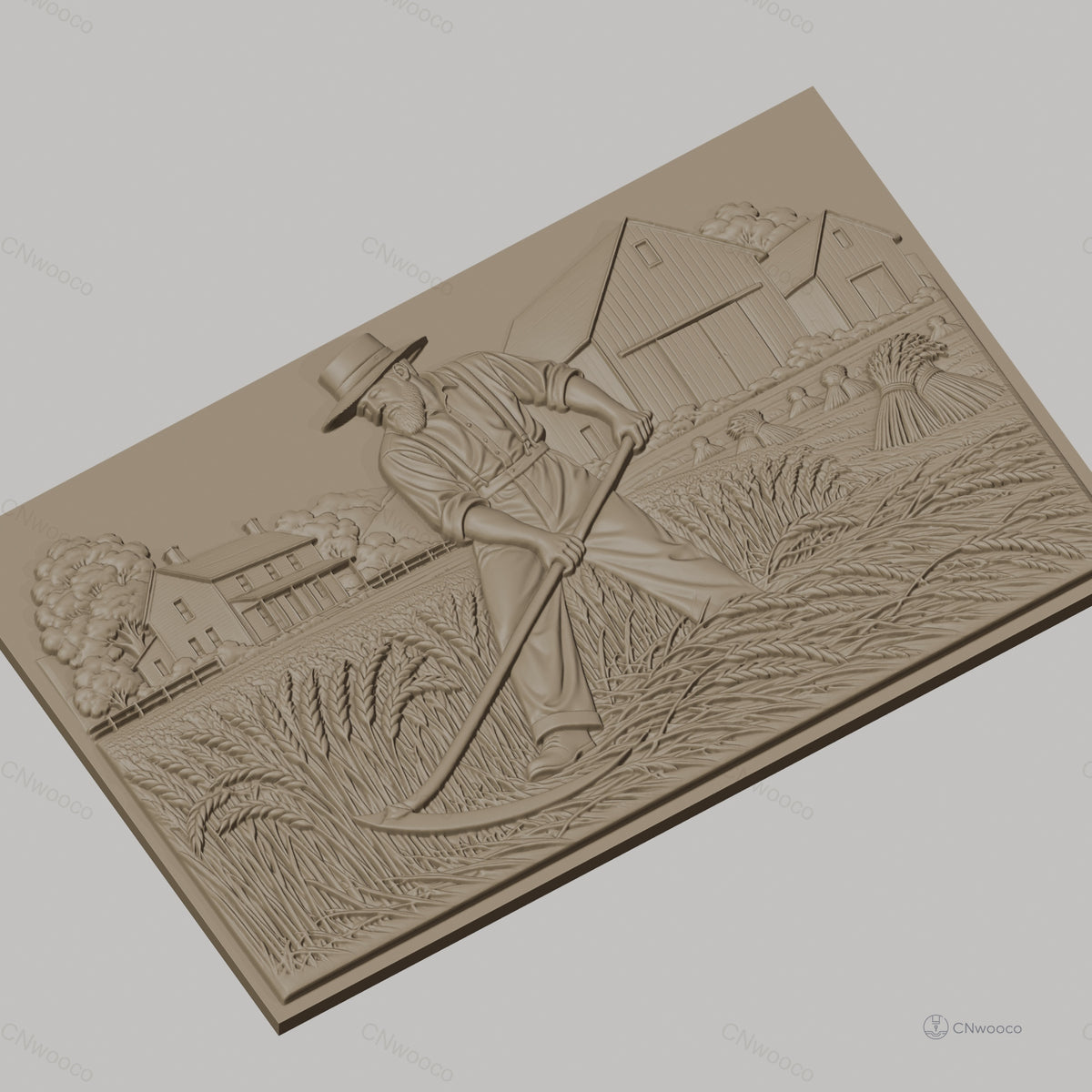 Fichier CNC & impression 3D moisson, fermier avec faux, grange et maison, haute qualité relief STL