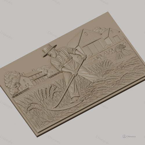 Fichier CNC & impression 3D moisson, fermier avec faux, grange et maison, haute qualité relief STL