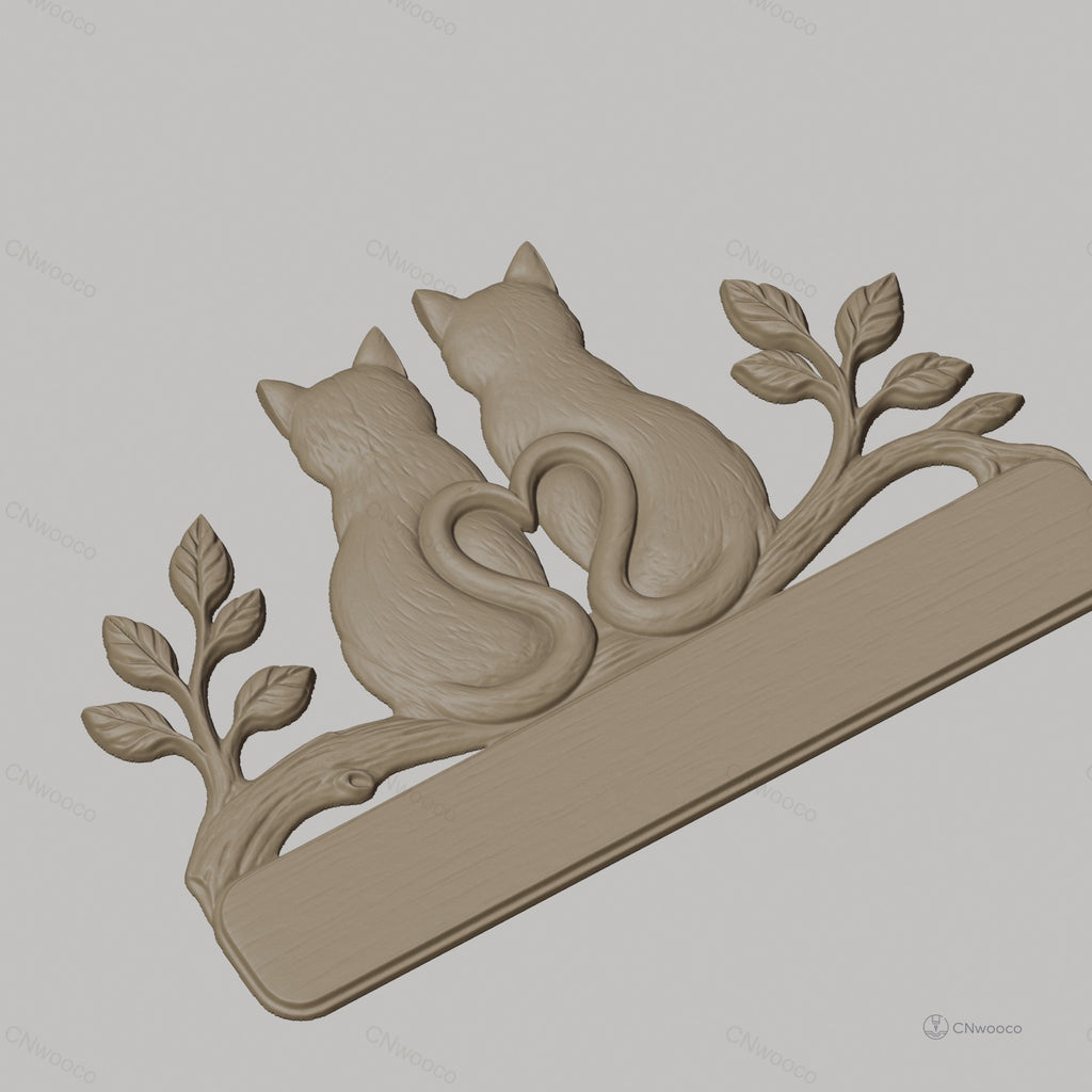 Fichier CNC & impression 3D support décoration chat amoureux, cœur et branche, STL très haute qualité
