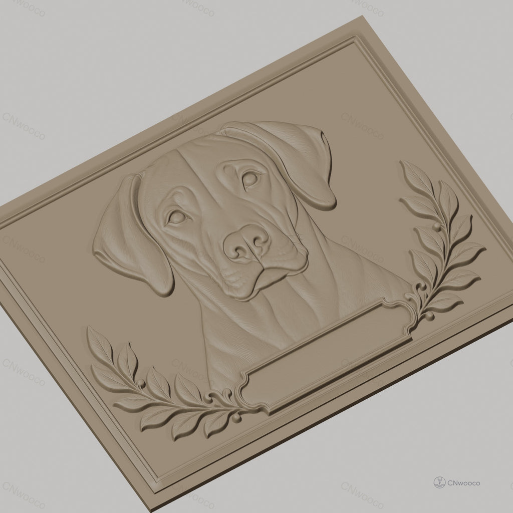 Fichier CNC & impression 3D portrait de chien labrador, cadre feuilles décoratives, haute qualité relief STL