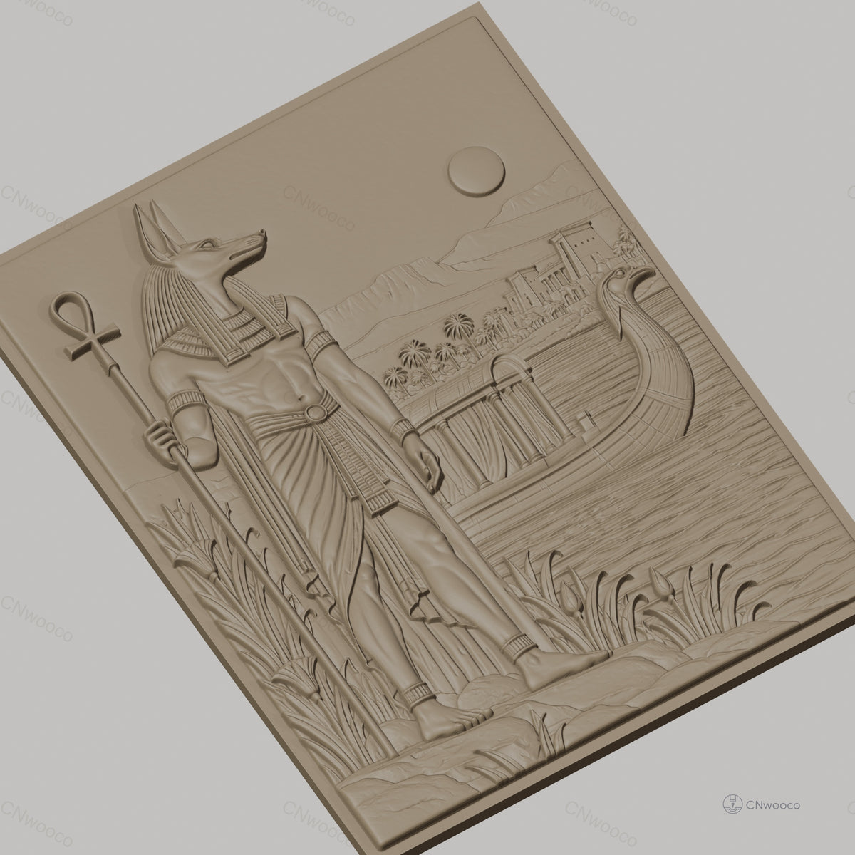 Fichier CNC & impression 3D Dieu égyptien Anubis avec bateau, paysage du Nil, haute qualité relief STL