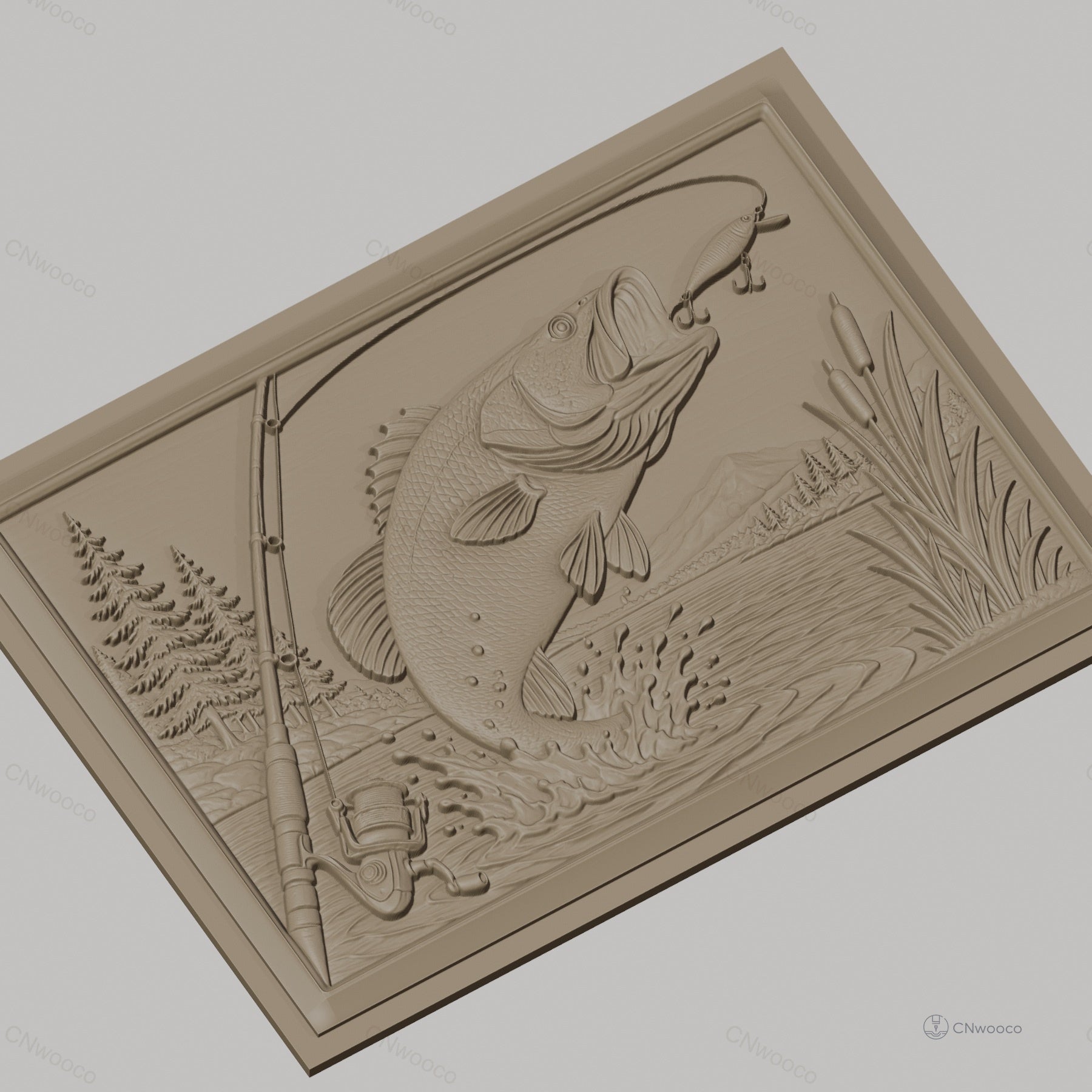 Fichier CNC & impression 3D pêche, poisson sautant, canne à pêche, paysage naturel, haute qualité relief STL