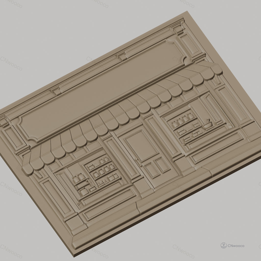 Fichier CNC & impression 3D facade boutique vintage, vitrine étagères pots, haute qualité relief STL