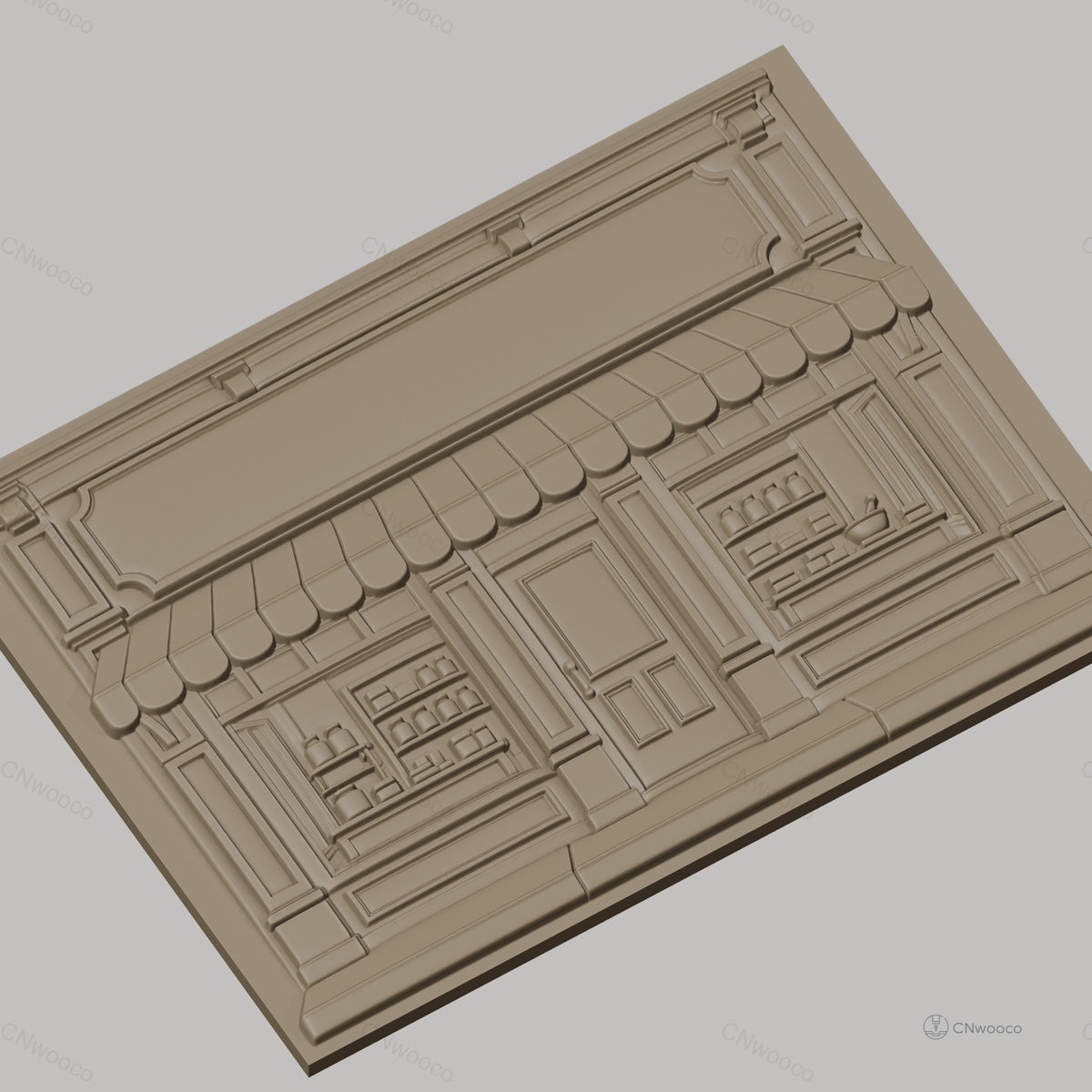 Fichier CNC & impression 3D facade boutique vintage, vitrine étagères pots, haute qualité relief STL