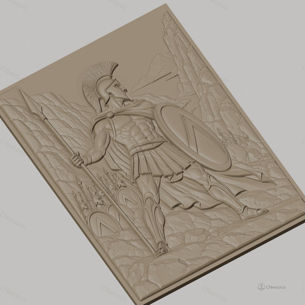 Fichier CNC & impression 3D guerrier spartiate, lance, bouclier, armée et paysage montagneux, haute qualité relief STL