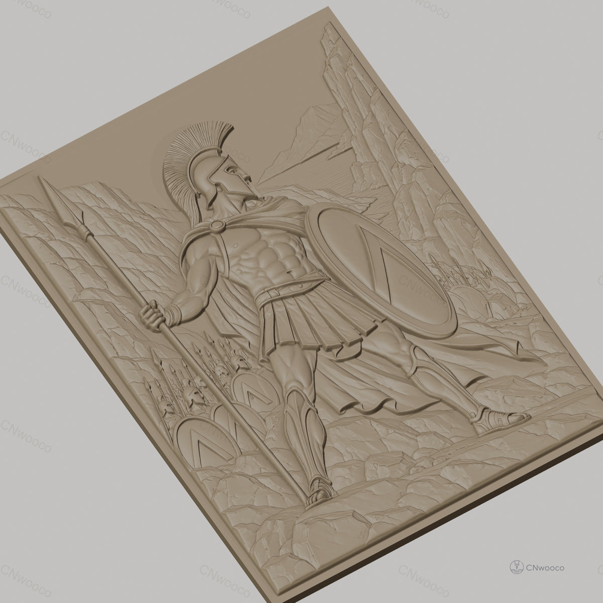 Fichier CNC & impression 3D guerrier spartiate, lance, bouclier, armée et paysage montagneux, haute qualité relief STL