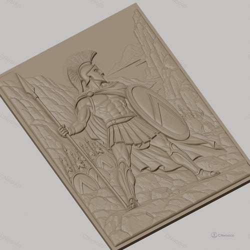 Fichier CNC & impression 3D guerrier spartiate, lance, bouclier, armée et paysage montagneux, haute qualité relief STL
