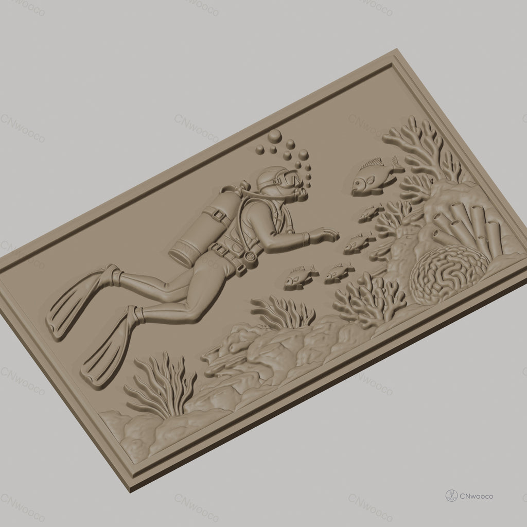 Fichier CNC & impression 3D plongeur sous-marin, poissons et coraux, haute qualité relief STL