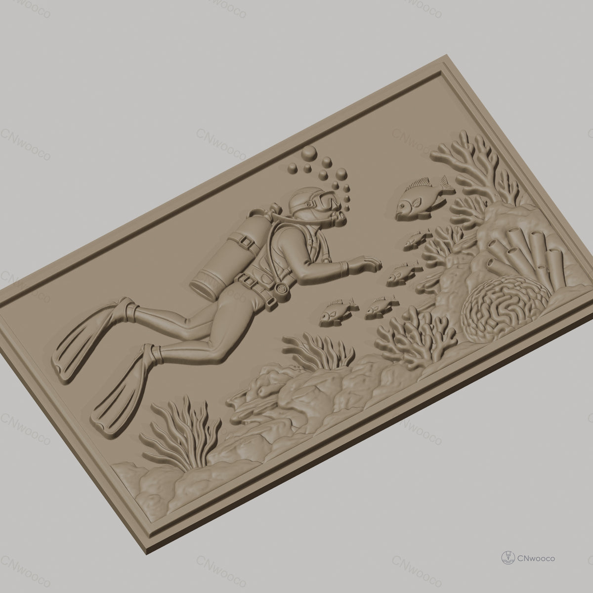 Fichier CNC & impression 3D plongeur sous-marin, poissons et coraux, haute qualité relief STL