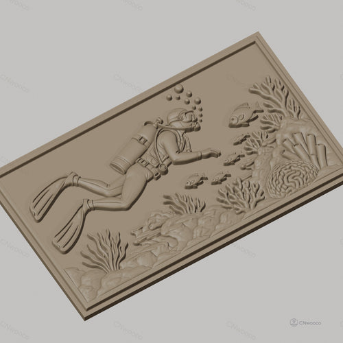 Fichier CNC & impression 3D plongeur sous-marin, poissons et coraux, haute qualité relief STL