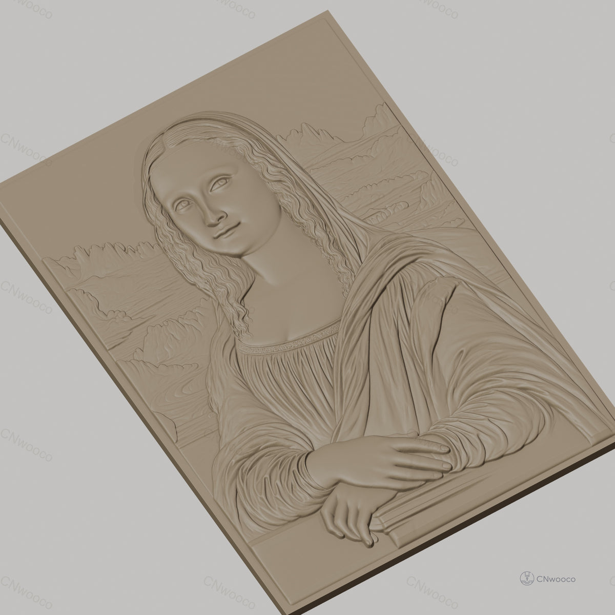 Fichier CNC & impression 3D Mona Lisa, portrait classique avec arrière-plan paysage, haute qualité relief STL