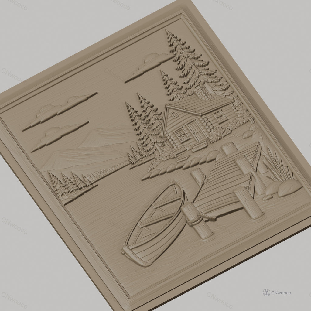 Fichier CNC & impression 3D paysage nature, cabane en bois, lac, barque, ponton, haute qualité relief STL