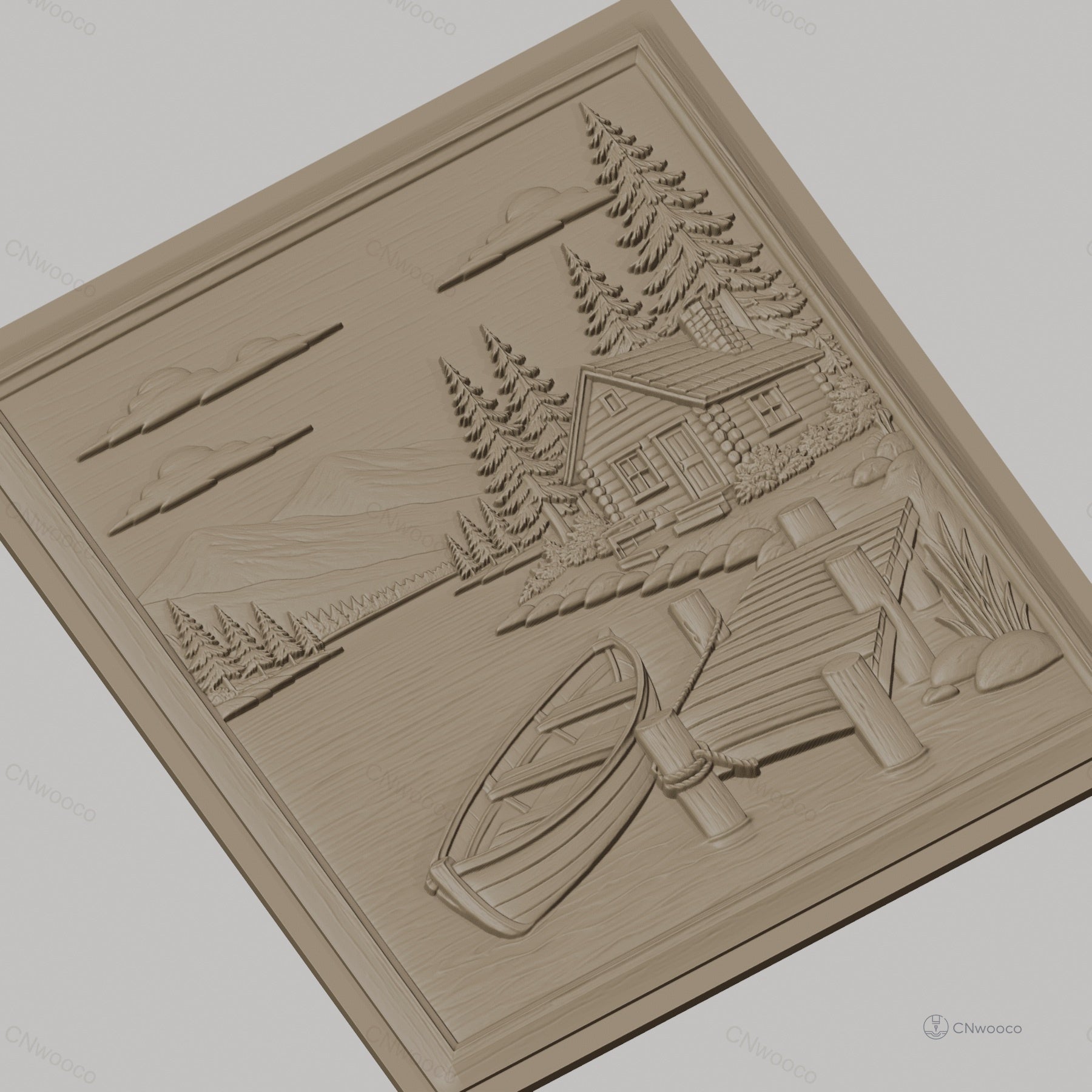 Fichier CNC & impression 3D paysage nature, cabane en bois, lac, barque, ponton, haute qualité relief STL