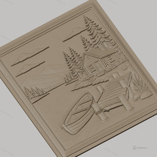 Fichier CNC & impression 3D paysage nature, cabane en bois, lac, barque, ponton, haute qualité relief STL
