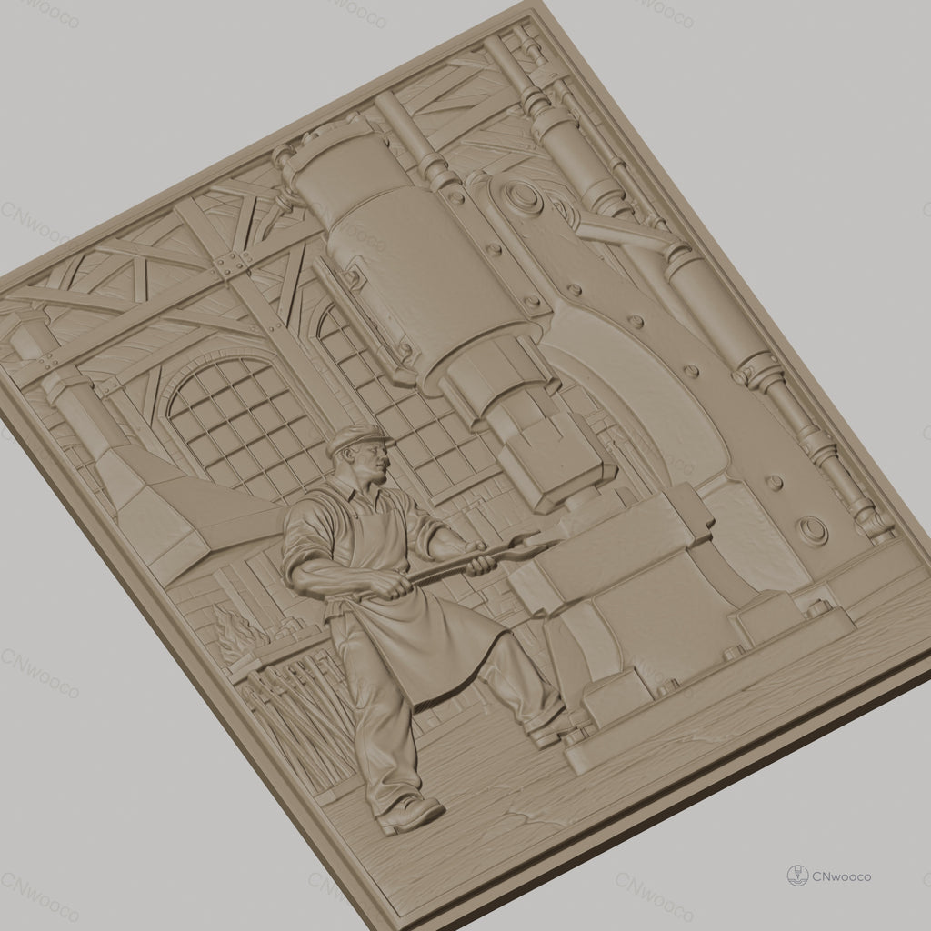 Fichier CNC & impression 3D scène forgeron industriel, atelier ancien avec machine et forgeron, haute qualité relief STL