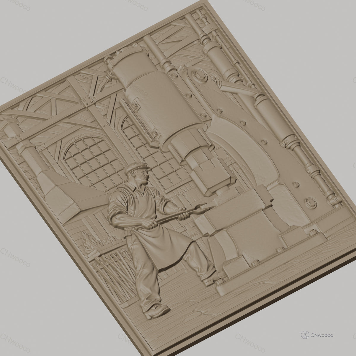 Fichier CNC & impression 3D scène forgeron industriel, atelier ancien avec machine et forgeron, haute qualité relief STL
