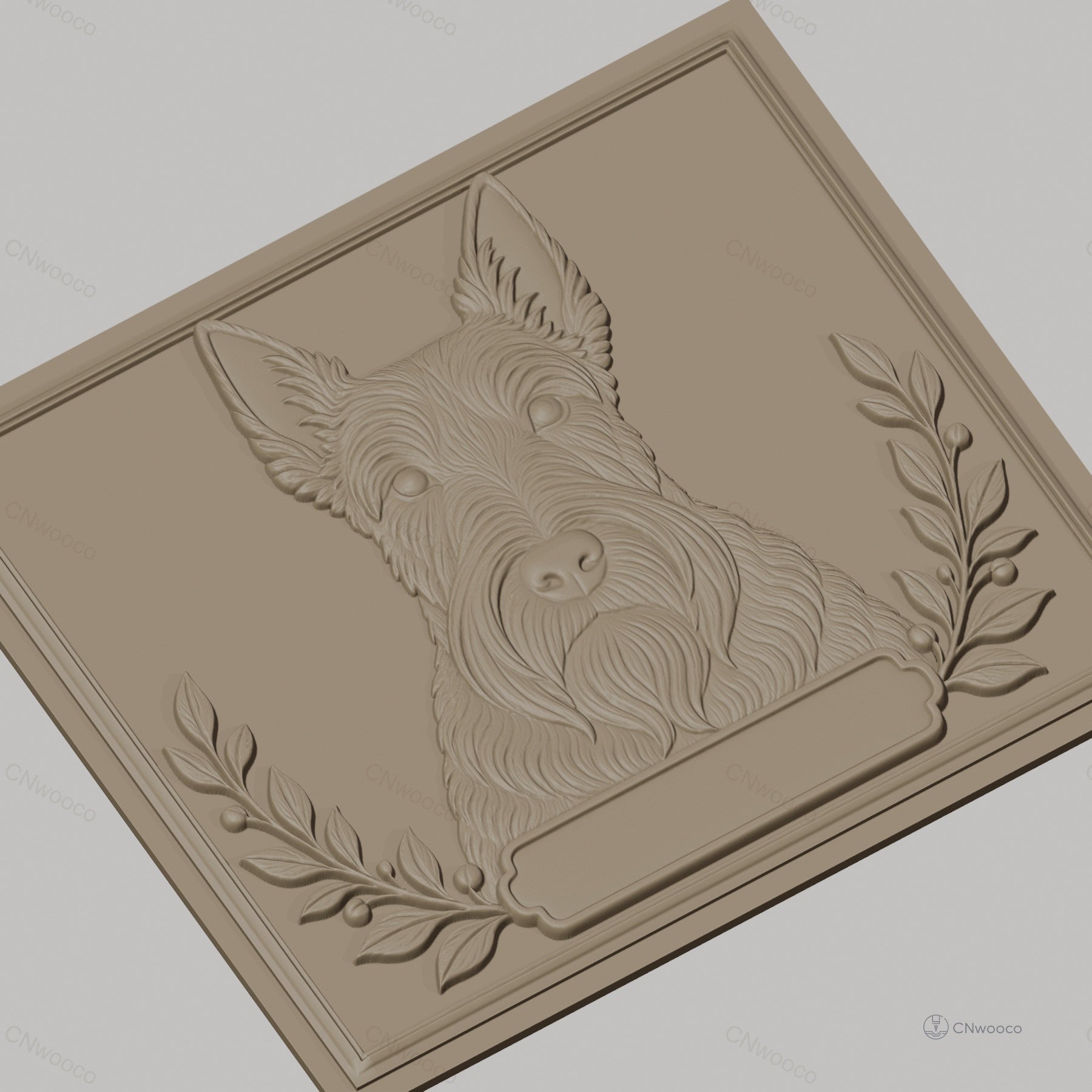Fichier CNC & impression 3D chien Scottish Terrier portrait avec branches décoratives, haute qualité relief STL