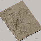Fichier CNC & impression 3D samouraï sous la pluie, temple japonais et sabre, haute qualité relief STL