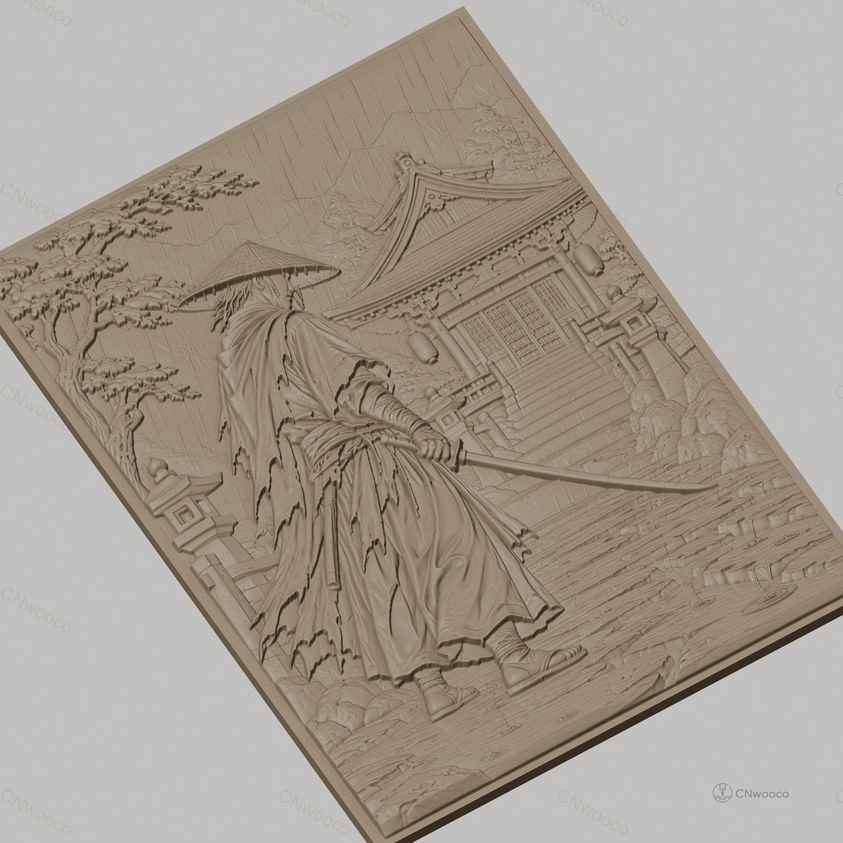 Fichier CNC & impression 3D samouraï sous la pluie, temple japonais et sabre, haute qualité relief STL