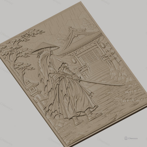 Fichier CNC & impression 3D samouraï sous la pluie, temple japonais et sabre, haute qualité relief STL