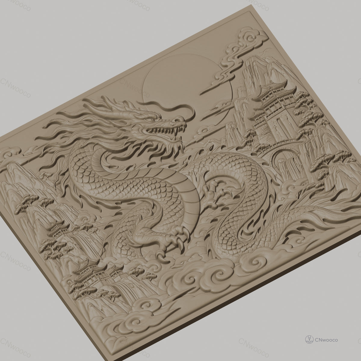 Fichier CNC & impression 3D dragon chinois, montagnes, temple, nuages, haute qualité relief STL