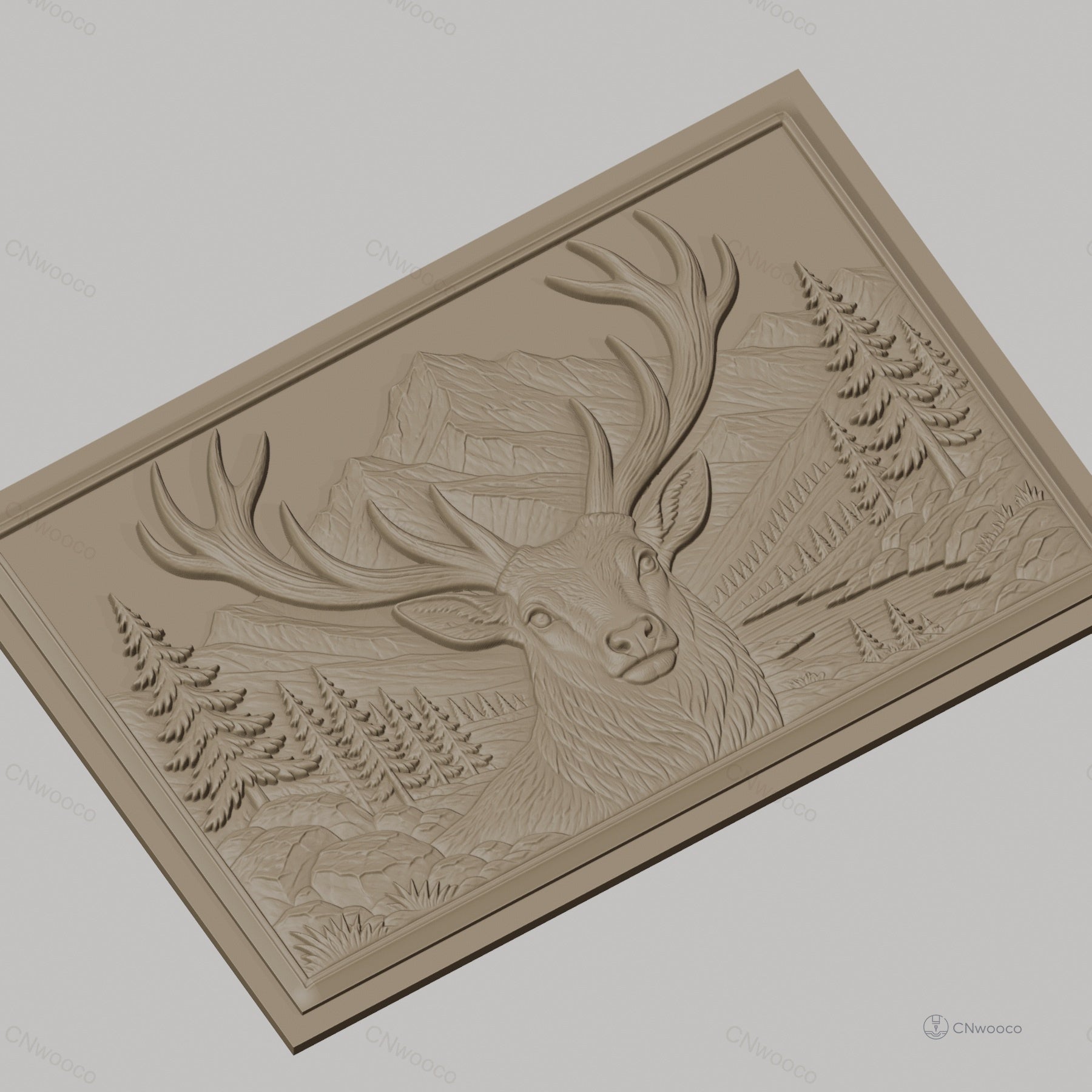 Fichier CNC & impression 3D cerf avec montagnes et arbres, haute qualité relief STL