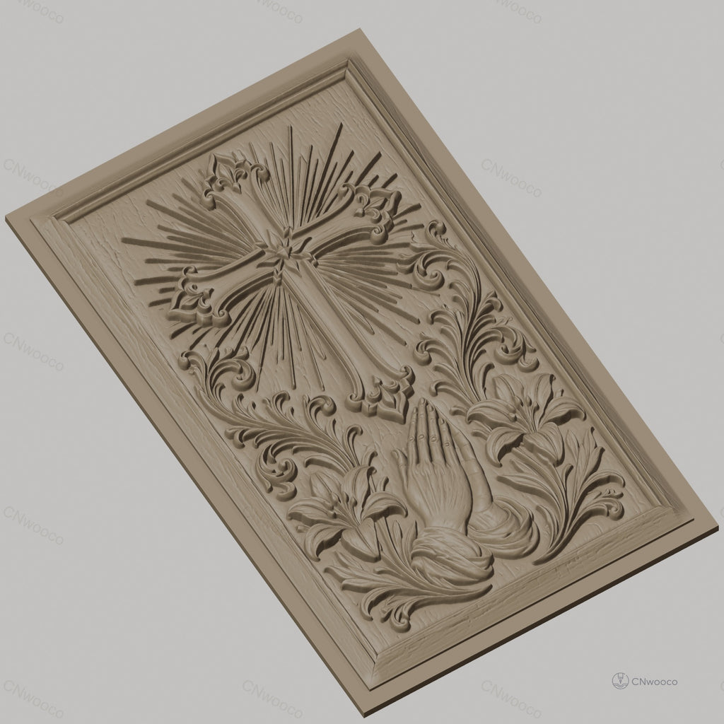 Fichier CNC & impression 3D religieux, croix, mains en prière et lys, haute qualité relief STL